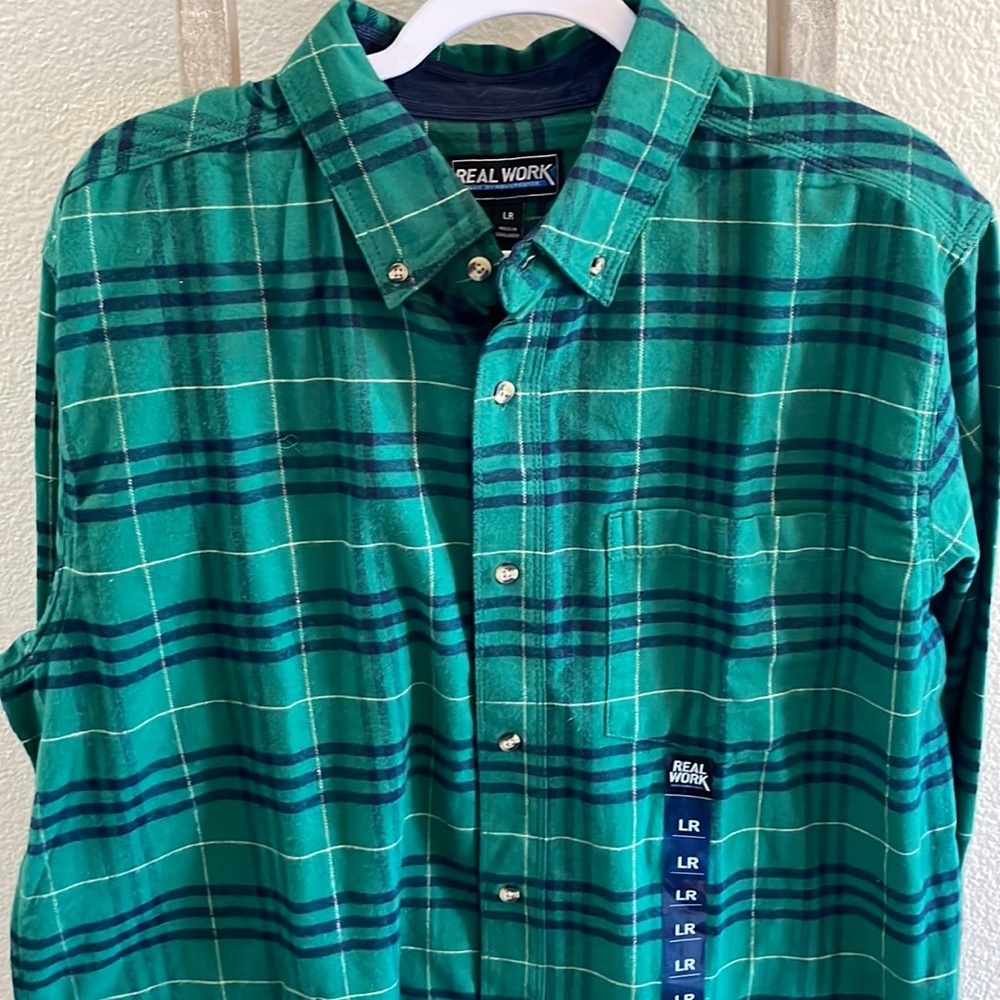 Real Work, flannel, NWOT, Large, long sleeve, button up, non-smoking home.